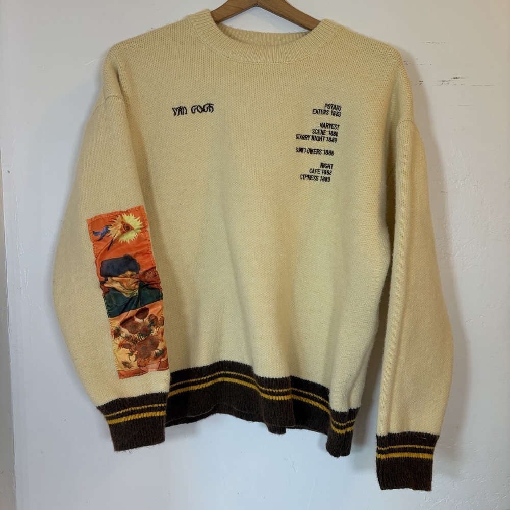 Aelfric Eden Sweater Mens M Cream Van Gogh Art Graphic Knit Pullover Sunflowers